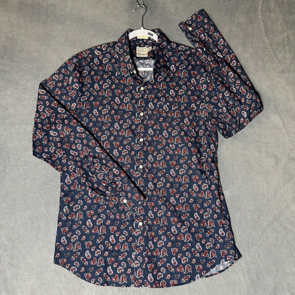 J.Crew Mens Slim Secret Wash Paisley Button Down Shirt Navy Blue Size Medium